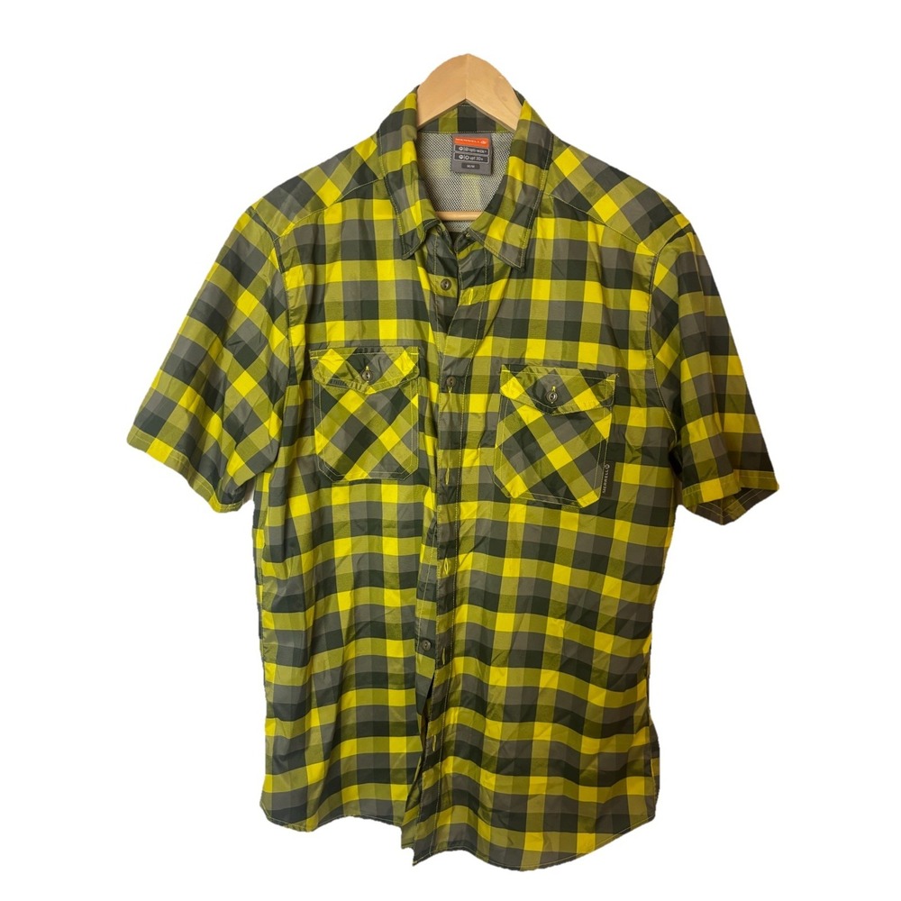 MERRELL Opti Wick Mens M UPF30 Yellow Gray Plaid Short Sleeve Button Shirt‎